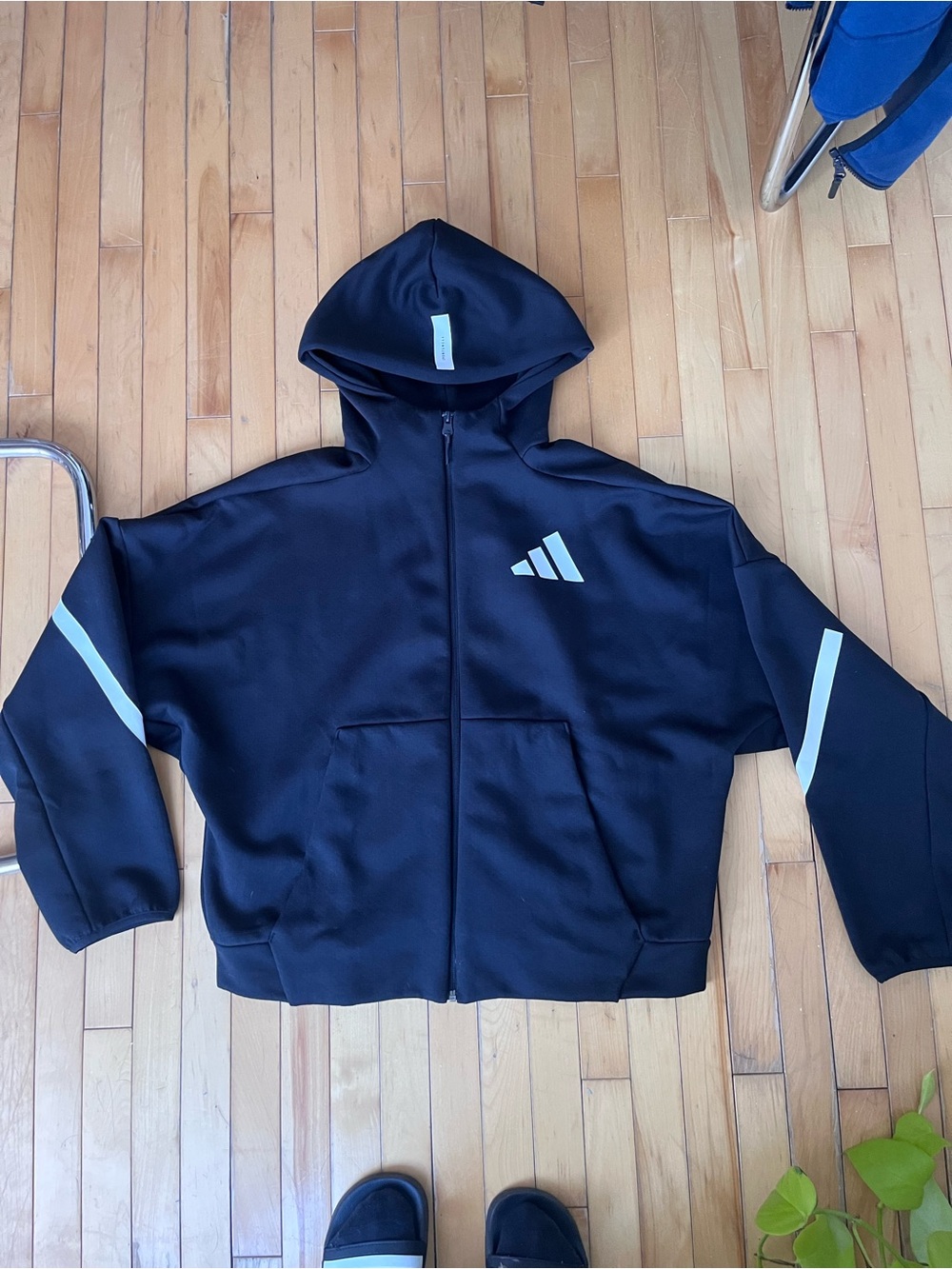 adidas Black womenโs Full-Zip Hoodie with White Logo